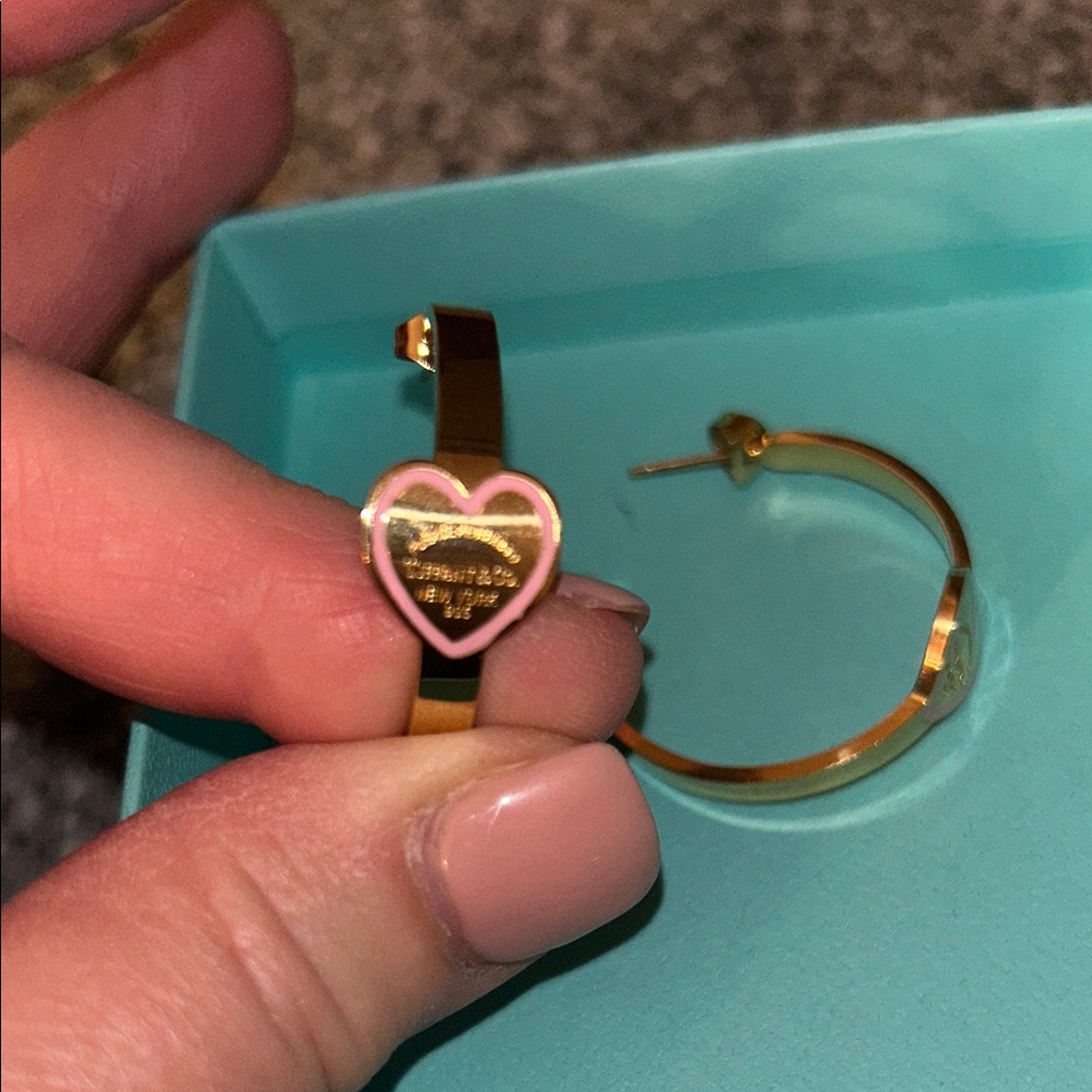 Tiffany & Co. Gold Heart Hoop Earrings with Pink Enamel Trim - Picture 3 of 4